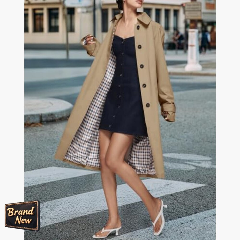 Oversized Long Trench Coat Single Breasted Windproof Plaid Lined Outerwear - Picture 3 of 7